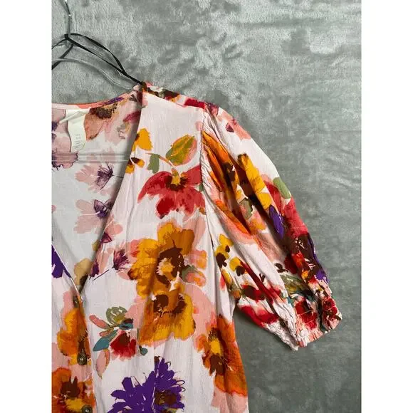 Women's Floral Puff Short Sleeve Button Down Summer Spring Shirt Dress Large - Picture 4 of 8